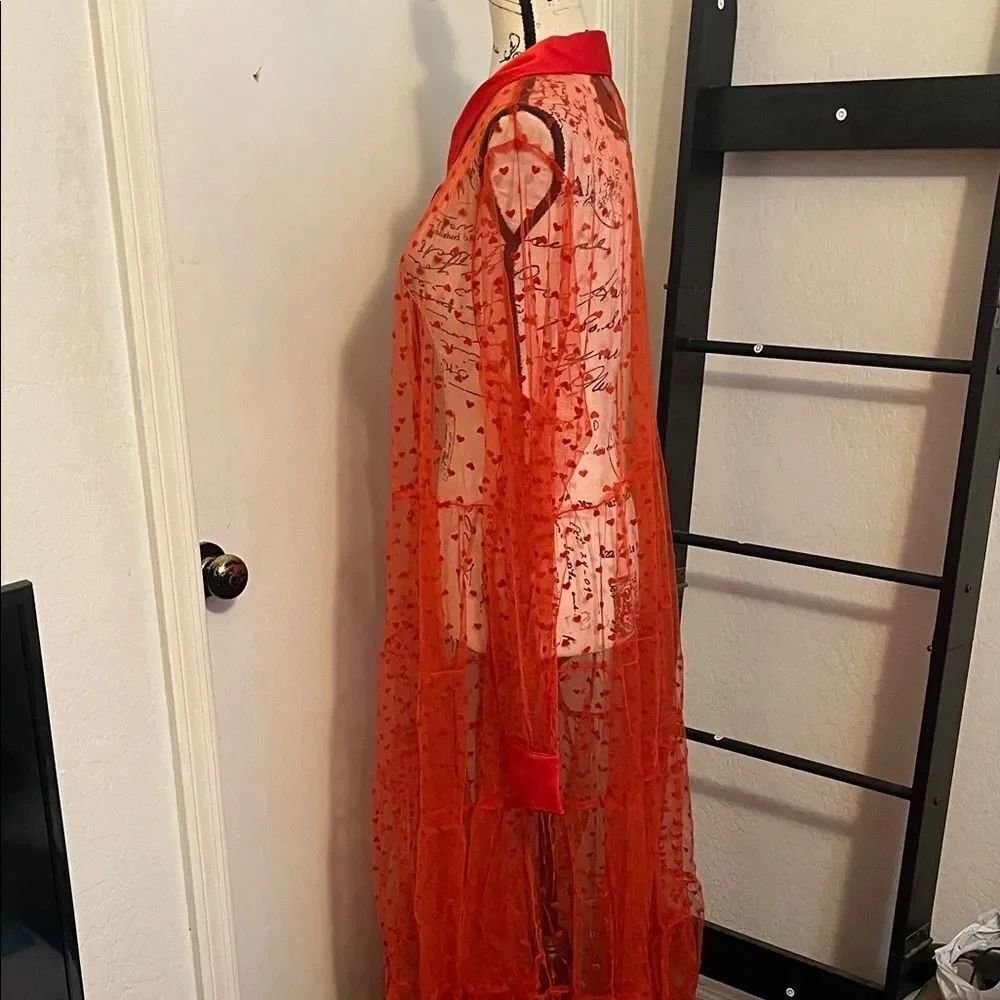 Torrid Heart Design Red Sheer Mesh Long Sleeve Button Kimono Romantic Modern NWT - Picture 8 of 16